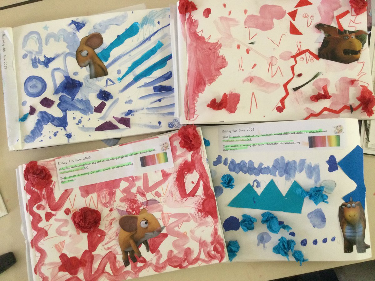 Y1 have been busy showing the moods of #AxelScheffler characters through colour and texture. They chose sharp, red backgrounds for angry characters and softer, blue backgrounds for sad characters. #KS1art #moodinart 🔴🔵