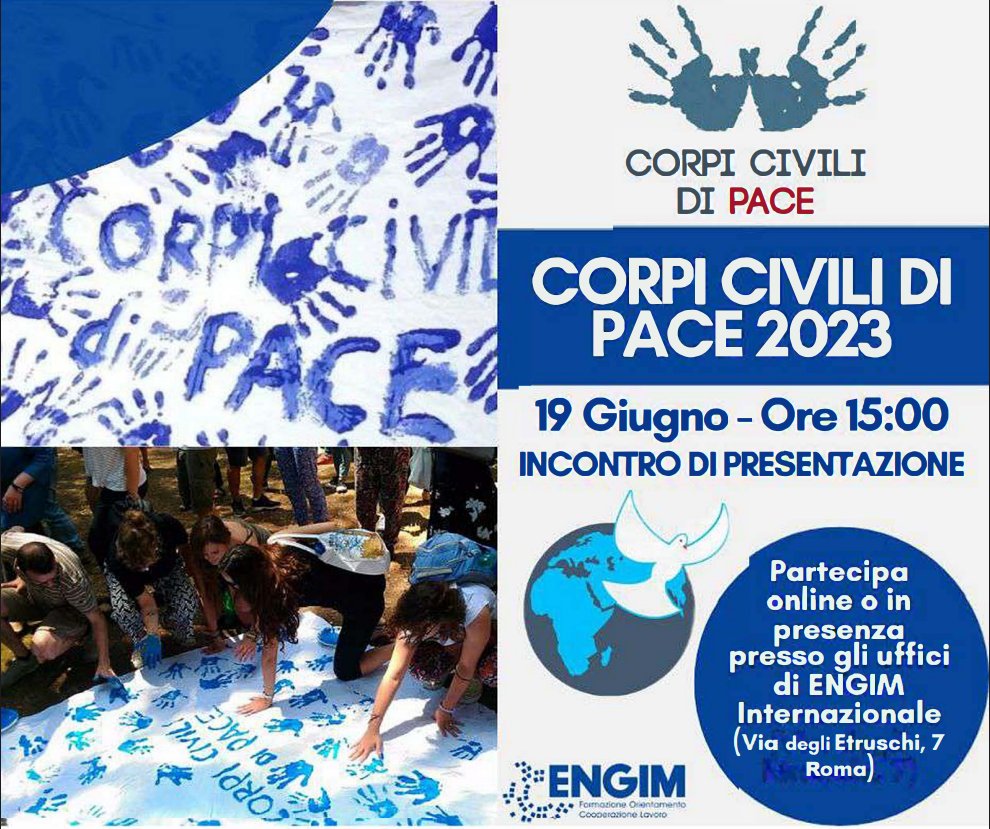 📣 Vuoi scoprire di più sui progetti #corpicivilidipace 2023 di #ENGIM? Partecipa all'incontro informativo del 19/06 nella nostra sede a Roma in Via degli Etruschi, 7 e online! 👇 Per partecipare compila il Form entro il 18 giugno: forms.gle/Q5anjEtktf4dHR… #CCP @FOCSIV