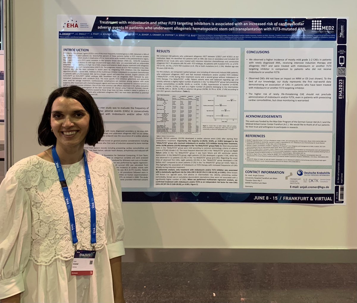 If you are @EHA_Hematology congress #EHA2023, make sure to check out our poster P1319 on cardiac events in #AML patients receiving allo-#HSCT and treatment with #midostaurin and/or other #FLT3 inhibitors! Study led by Anjali Cremer @FCI_health #leusm