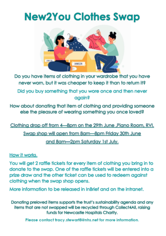 SustainableNUTH's tweet photo. For @NewcastleHosps staff there is a New2You clothes swap on Friday 30th June and Saturday 1st July.....

Details below 👇 https://t.co/ivUvXMuAG2