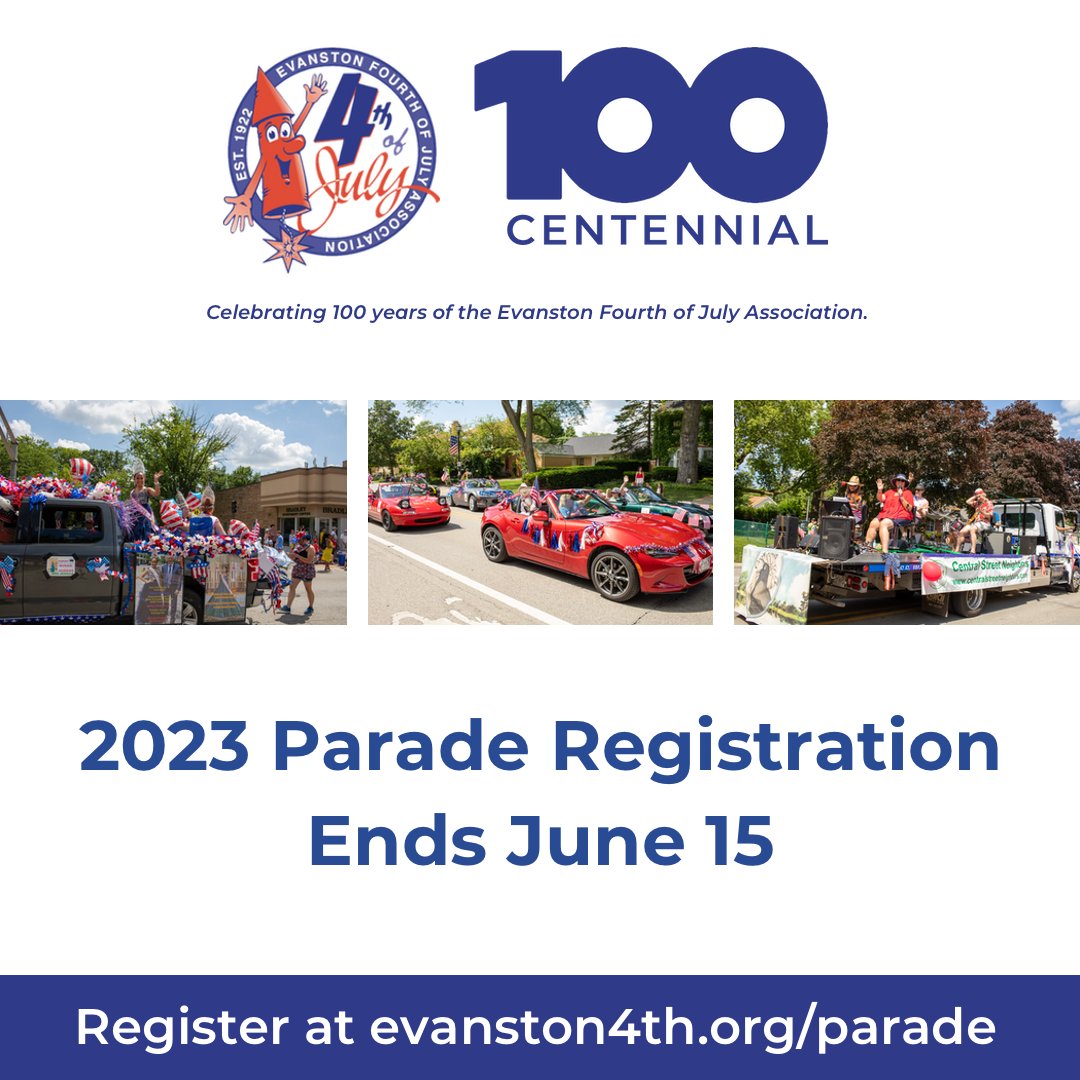 We hope you're as excited as we are for this year's Evanston 4th of July Centennial Celebration: A Community United Cannot Be Divided! The deadline for submissions is June 15, and we encourage interested parties to sign up as soon as possible to secure their spot in the parade.
