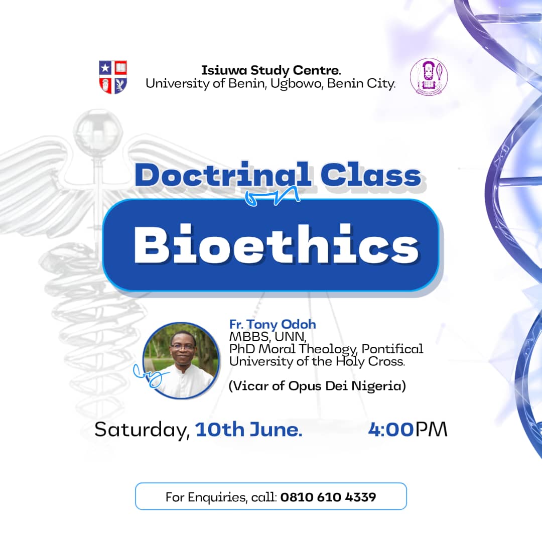 IsiuwaStudy's tweet photo. Join us for an enlightening exploration of bioethics led by Fr. Tony Odoh, the Regional Vicar of Opus Dei in Nigeria. ☺

Discover the ethical dimensions of medical advancements and the sanctity of life.

 Don't miss out on this class!🤏 https://t.co/4Cz5JdgvCh