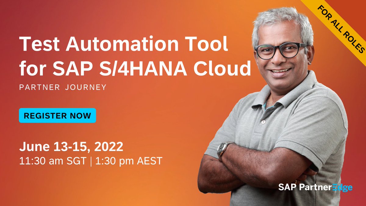 Calling all #SAPPartners! Test automation is an integral part of SAP S/4HANA Cloud.  We encourage you to take this three-day learning journey with us to prepare for your next SAP S/4HANA Cloud experience. Register now: imsap.co/6019OLT6z