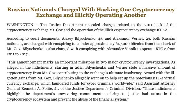美国司法部指控俄罗斯黑客攻击交易所Mt.Gox并非法经营BTC-E