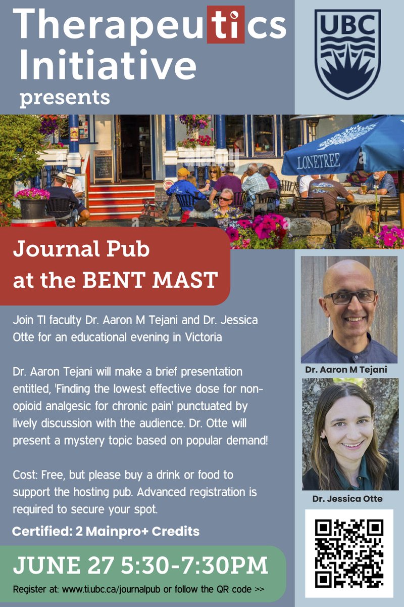 Drug_Evidence's tweet photo. 🚨TI Journal Pub returns to Victoria June 27 😍
Island clinicians, join us @BentMastVic for a relaxed, collegial, educational evening with @LessIsMoreMed + @amtejani!
Registration + info: https://t.co/m8vTdmdlVK
#MedEd #CME #Mainpro #prescribing https://t.co/iOBCUfoTUg