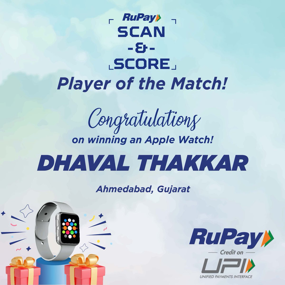 RuPay_npci's tweet photo. Let's give a big round of applause to @dhaval_0910! Congratulations on being named the Player of the Match and winning the stunning Apple Watch in the RuPay Scan &amp; Score! ⌚️🥳

@HDFC_Bank 

#RuPay #ScanAndScore #WinnerAlert #RuPayCreditCardOnUPI #AskForRuPayCredit #ScanScoreWin https://t.co/5qkgRXRNRb