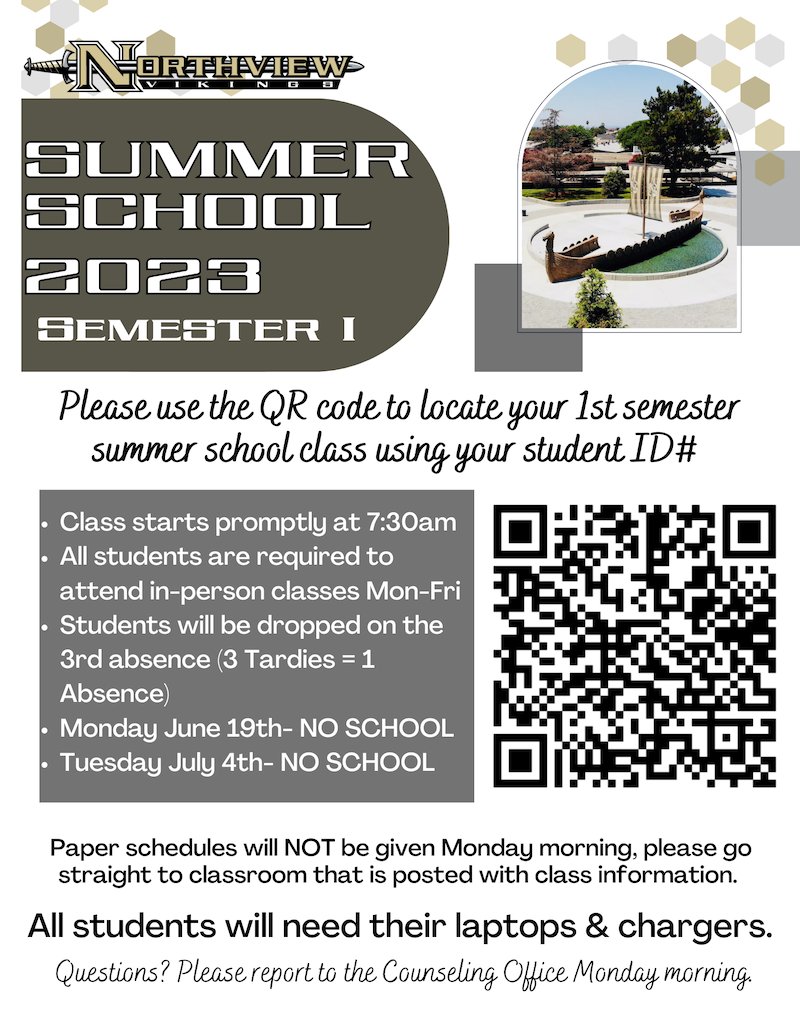Northview HS Library (@nhslibrary_) on Twitter photo Summer School begins Monday, 6/12 at 7:30am!! Don't be late! Scan the QR code in the attached flyer or see the link in bio to find your class assignment. <a href="/NHSCounseling_/">Northview HS Counseling</a> <a href="/NHS_ASB/">Northview ASB</a> <a href="/NHSVikings/">Northview Vikings</a> <a href="/NHSAthletics_/">NHS ATHLETICS</a> <a href="/NHSRenaissance/">Northview Renaissance</a> <a href="/nhsvikingsAVID/">NHSAVID</a> <a href="/VikingVision/">VVN</a> Summer School begins Monday, 6/12 at 7:30am!! Don't be late! Scan the QR code in the attached flyer or see the link in bio to find your class assignment. <a href="/NHSCounseling_/">Northview HS Counseling</a> <a href="/NHS_ASB/">Northview ASB</a> <a href="/NHSVikings/">Northview Vikings</a> <a href="/NHSAthletics_/">NHS ATHLETICS</a> <a href="/NHSRenaissance/">Northview Renaissance</a> <a href="/nhsvikingsAVID/">NHSAVID</a> <a href="/VikingVision/">VVN</a>