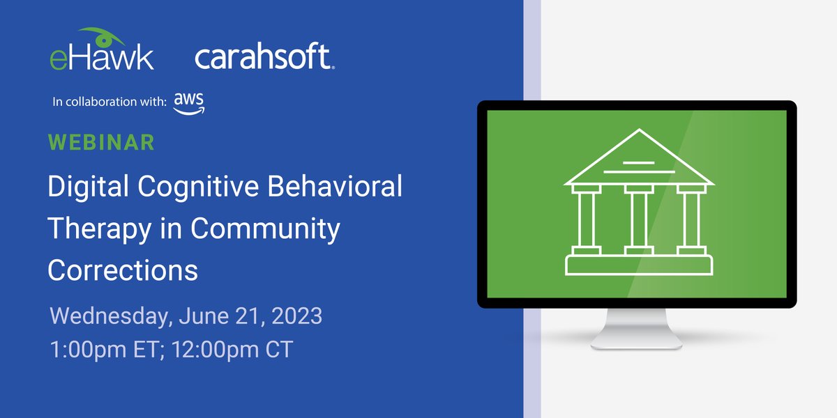 Carahsoft's tweet image. Join #eHawk on 6/21 for an insightful webinar on the implementation of mobile Cognitive Behavioral Therapy for addiction, mental health, pre-trial probation, parole, treatment courts &amp;amp; juvenile programs. Sign up here: carah.io/4c3663 #RePathApp