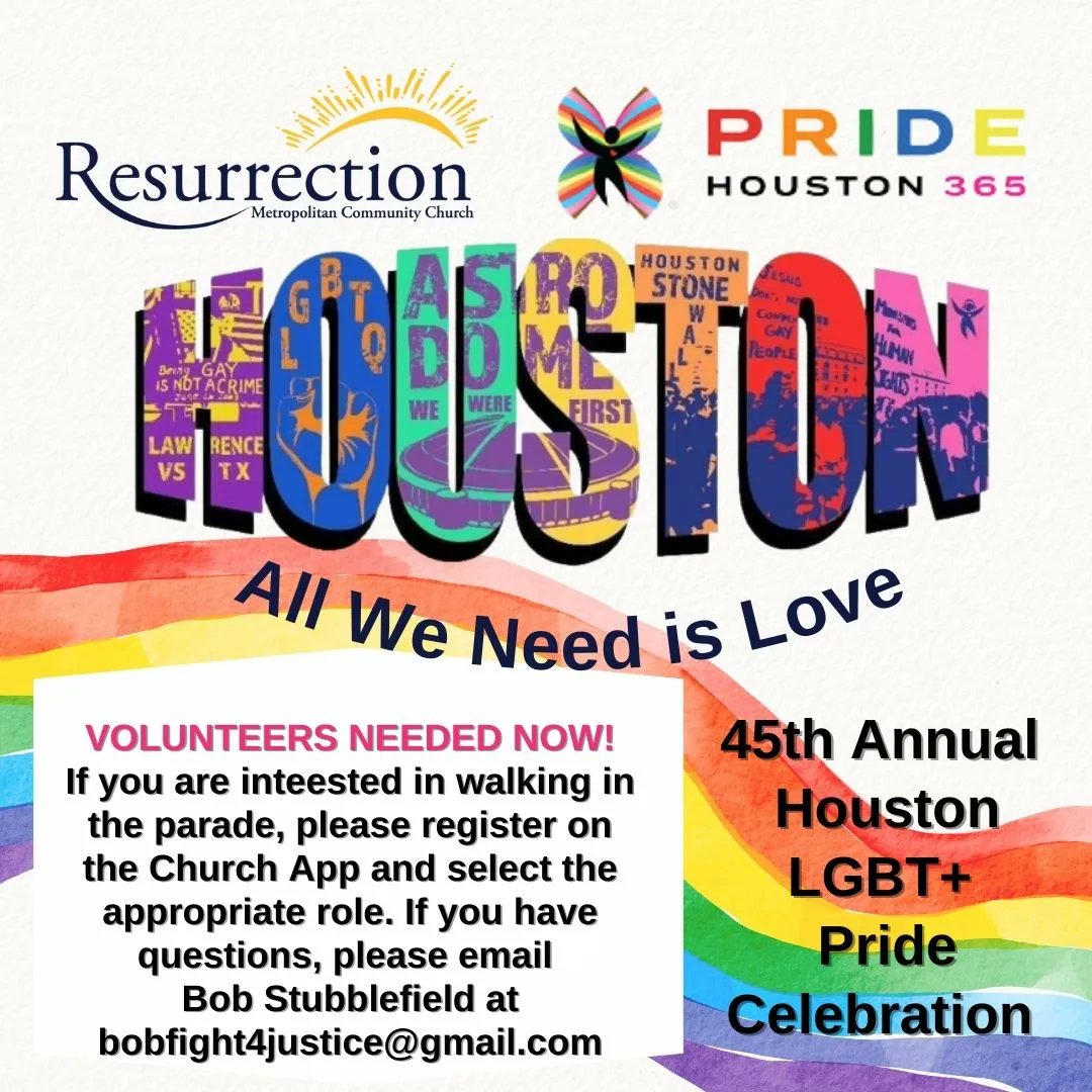 resurrectionmcc's tweet photo. The 45th annual Houston LGBT+ Pride Celebration will take place downtown at Houston City Hall, 901 Bagby St, on Saturday, June 24th. If you are interested in walking in the parade, please select the appropriate role.  If you have questions, email us at bobfight4justice@gmail.com https://t.co/q0iDdUZcD2