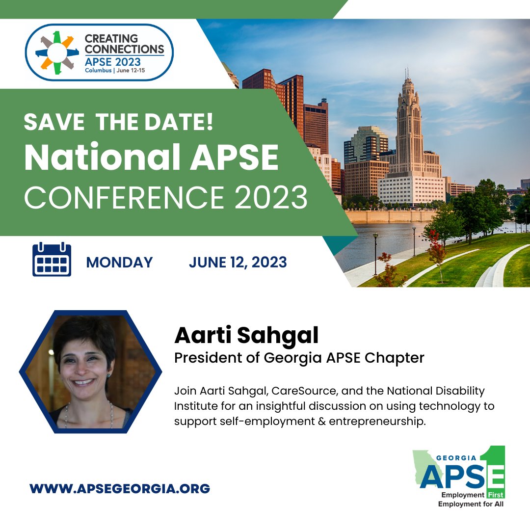 ApseGeorgia's tweet photo. Our Chapter President Aarti will presenting at the National APSE Conference @nationalapse a pre-conference session centered around nurturing disabled founders, building frameworks of support, and how founders are using technology for accessibility and growth. 
#APSE2023 https://t.co/yVJNKi4Iyp