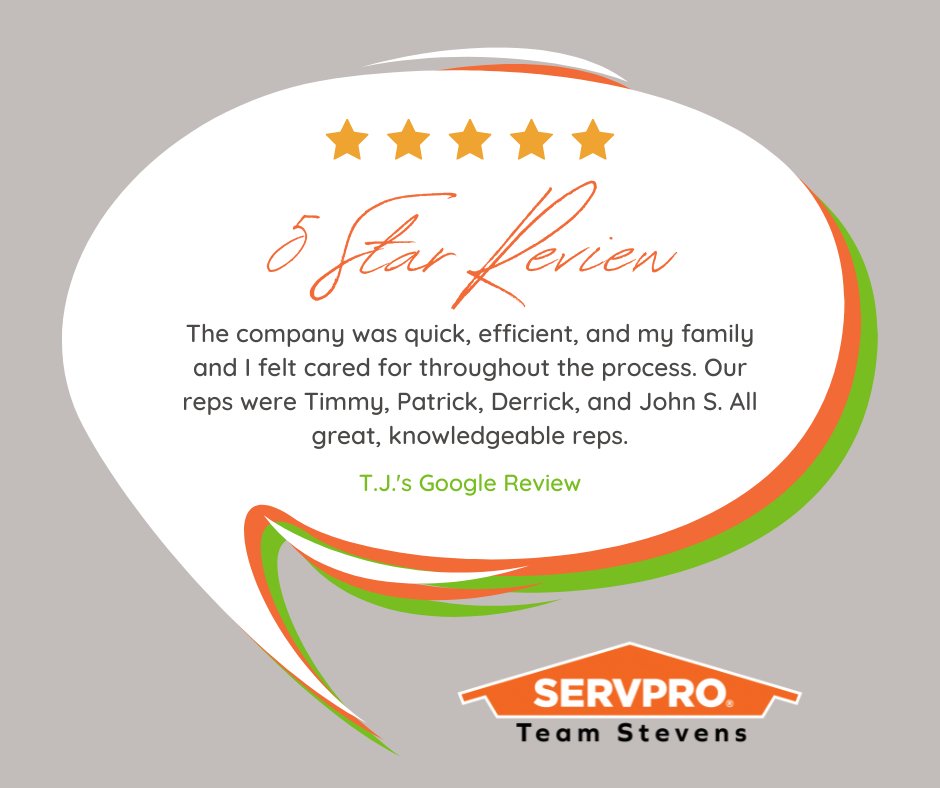 It's #FiveStarFriday! Check out one of our recent 5 ⭐ Google Reviews!
#SERVPROTeamStevens #SERVPRO #Heretohelp #LikeItNeverEvenHappened #fivestarreview #fivestarservice