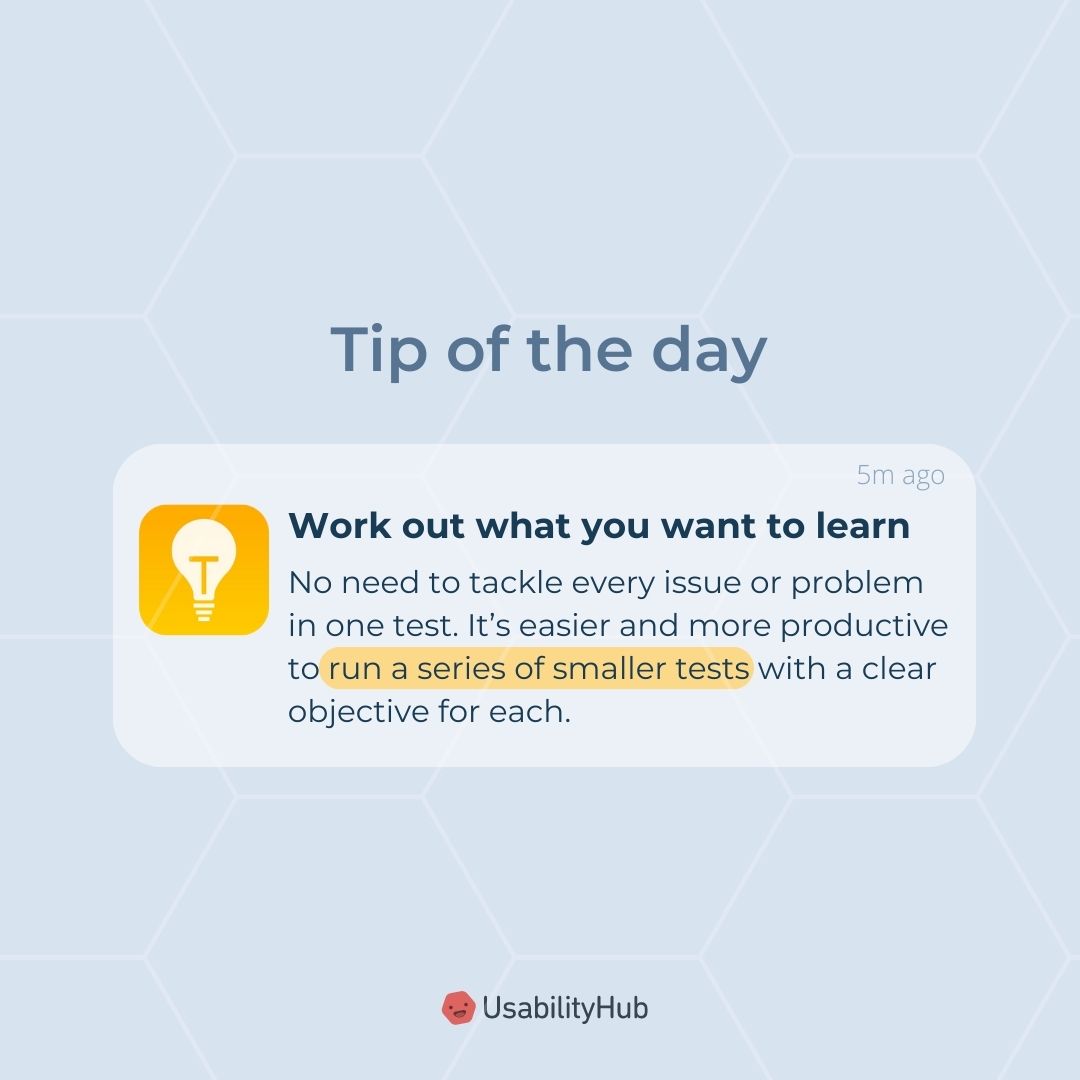 WeAreLyssna's tweet image. 📣 Unlock valuable user feedback and make informed decisions! 🤔💡 
👇 Adopting this approach means that you’re more likely to get feedback that can guide you toward a solution or support a decision. 

#usabilityhub #helpfulhints #tips #tipoftheday