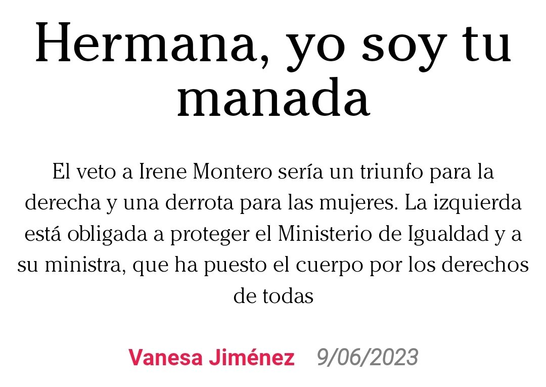 Hermana, yo soy tu manada.

Por <a href="/vjimenez/">Vanesa Jiménez (con el pueblo 🇵🇸)</a>

#YoConIreneMontero 💜

ctxt.es/es/20230601/Fi…