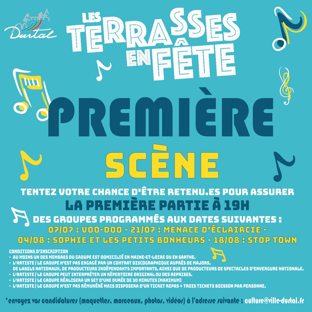 #musiciensamateurs 🎶? envie de s'essayer sur une #scène ? envie de partager votre univers #musical ? 🎵 Les Terrasses en #Fête vous offre cette #opportunité  ! 🎶 En 1ère partie des #soirées #estivales une scène vous est dédiée 🎵
Contacter Pierre à 🎶 culture@ville-durtal.fr 🎶