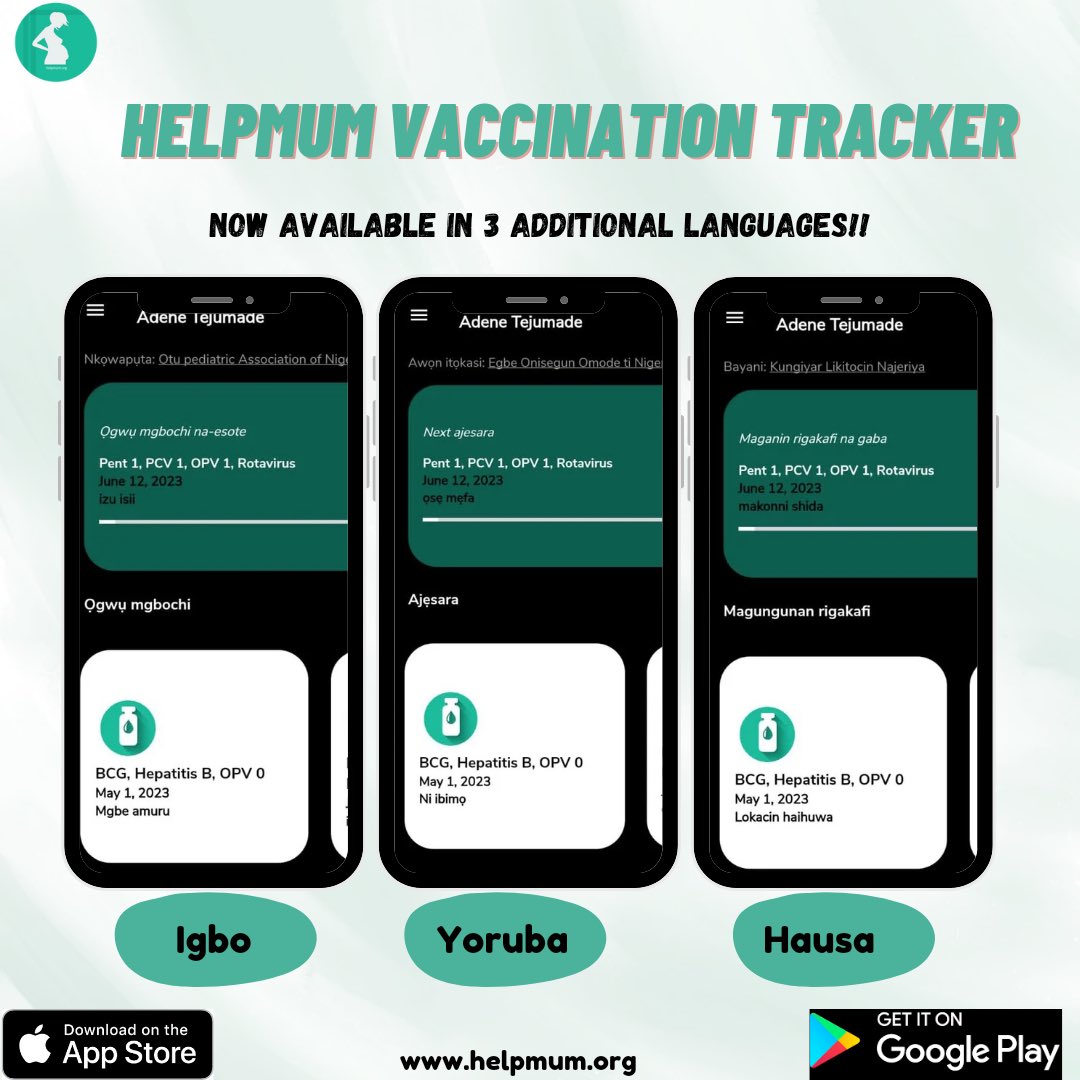 helpmum_ng's tweet photo. We are thrilled to announce that the HelpMum  Vaccination Tracker is now available in three additional preferred languages: Igbo, Yoruba, and Hausa. Our decision to include these languages stems from our commitment to overcoming language barriers and ensuring that all Nigerian mothers, regardless of their location in the northern, south eastern, or south western parts of Nigeria, can easily utilize the HelpMum Vaccination Tracker.

The HelpMum Vaccination Tracker plays a vital role in assisting thousands of nursing mothers in monitoring their children's immunization schedules, thus helping to prevent vaccine-related diseases. We are incredibly excited about this significant milestone, as it means that HelpMum Vaccination Tracker can now be accessed by every mother in Nigeria, regardless of the language they speak.

If you happen to know any nursing mother, we kindly request you to share the following link with them. They can download our HelpMum Vaccination Tracker app from either the Google Play Store or the App Store (iOS) using the link in our bio

Thank you.