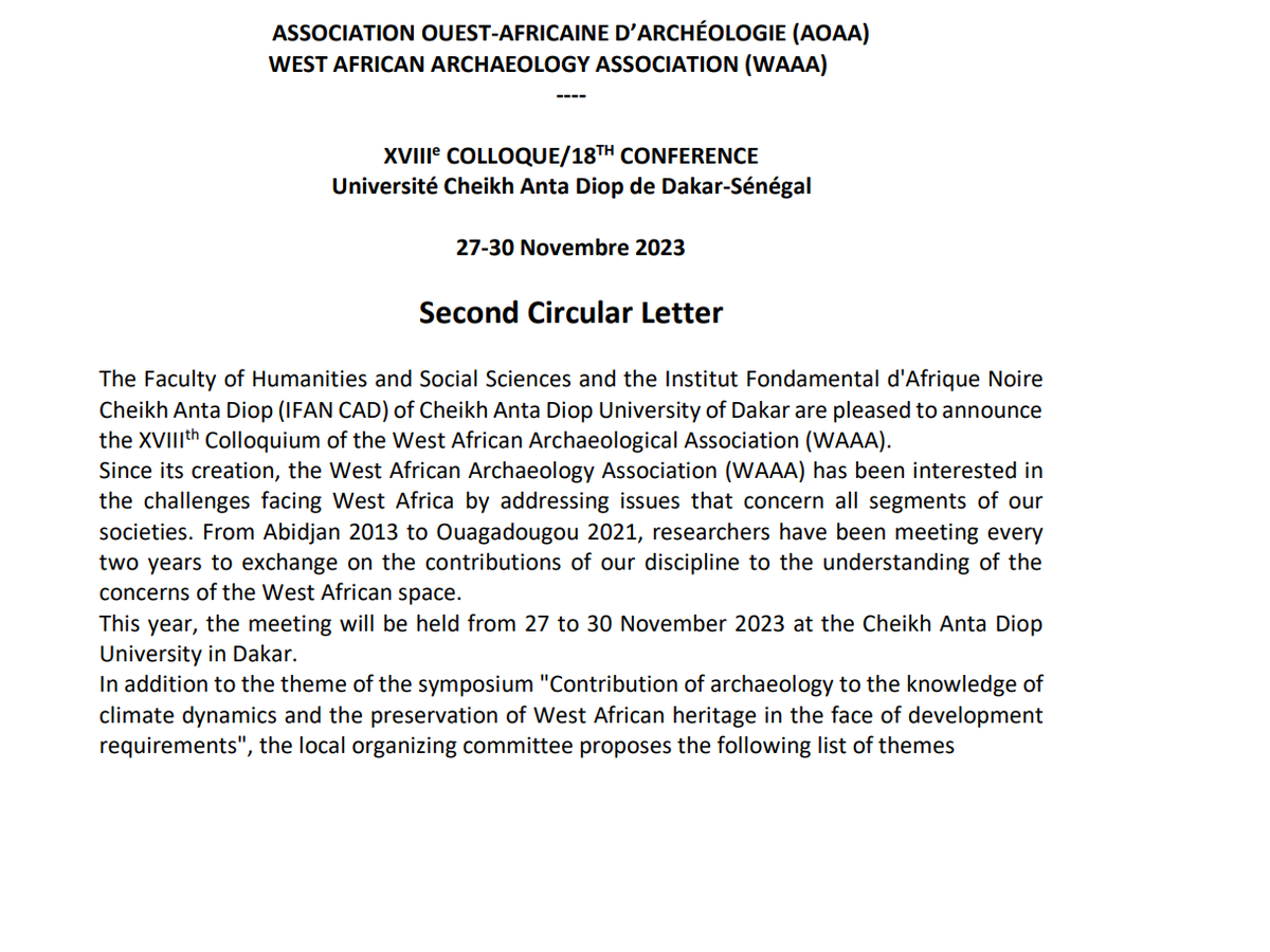 CFAAA4's tweet photo. West African Archaeological Association @WestAfricanArc 18th conference, @UCAD_Senegal November 2023. Info: aoaa2023@ucad.edu.sn; aoaa2023ucad@gmail.com https://t.co/9AabnfjOKp