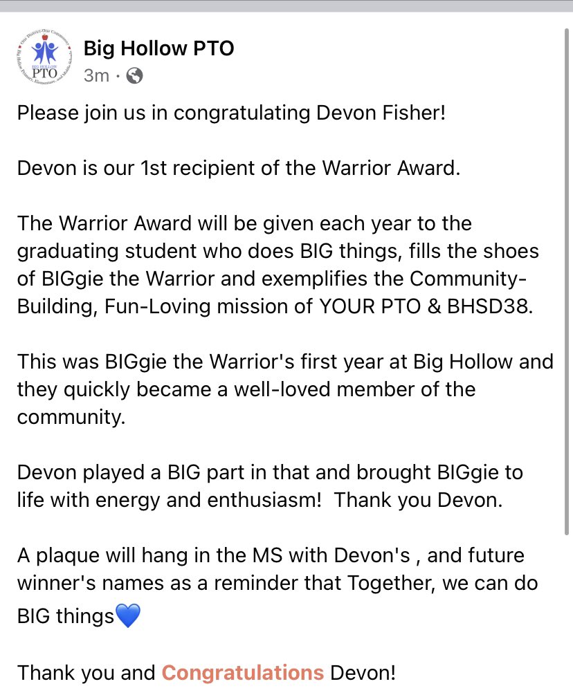 BIGhollowPTO's tweet photo. The Warrior Award will be given to the graduating student who does BIG things, fills the shoes of BIGgie the Warrior &amp; exemplifies the Community-Building, Fun-Loving mission of YOUR PTO 

Devon brought BIGgie to life with energy &amp; enthusiasm

Together, we can do BIG things💙 https://t.co/FgmYGZOkM7