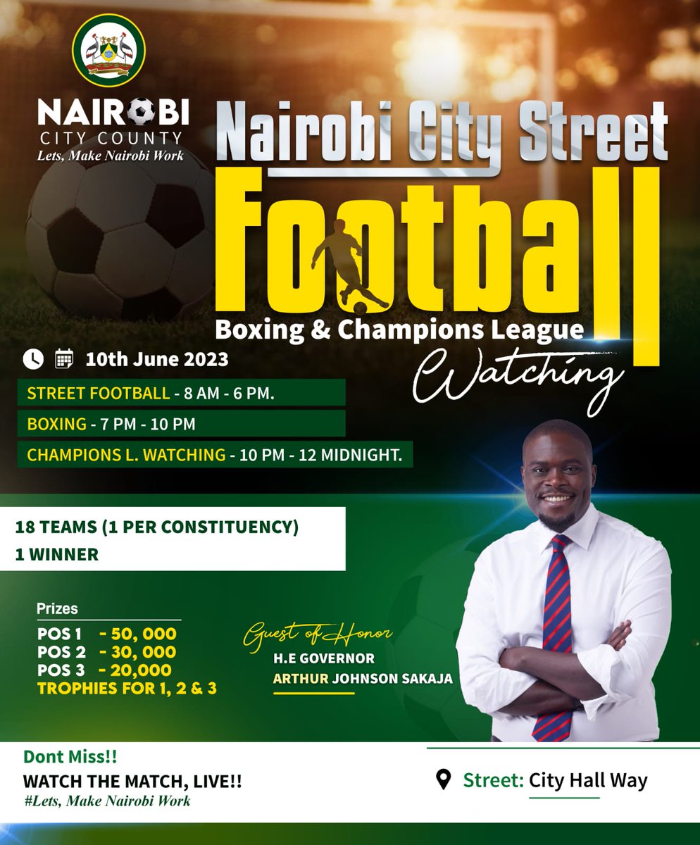 KibiroMugo's tweet photo. I must attend this Sports Day.

It will open up a greener opportunity for me to interact with our great CEC @HonBrianMulama who has been consistency in bringing change to our youth.

Nairobi Lazima iWork

#NairobiStreetFootball https://t.co/LLcQj7P1jq