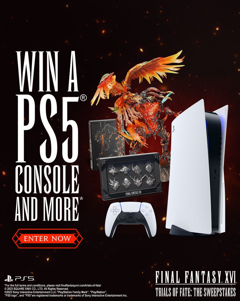 Win a PS5 plus more prizes in the Trials of Fate Sweepstakes. The more people that enter, the more prizes that are added #ToFSweepstakes #FF16 Enter here: na.finalfantasyxvi.com/trials-of-fate/