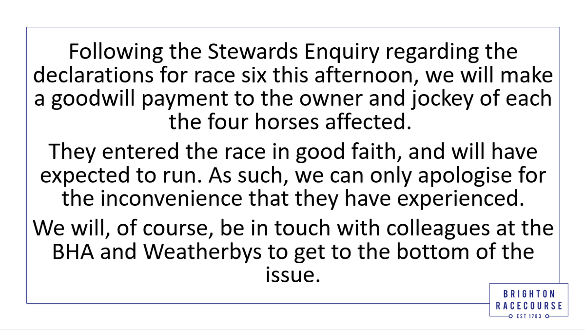 BrightonRace's tweet photo. A statement from Brighton Racecourse regarding Race 6 this afternoon. https://t.co/d8kUQOBcq3