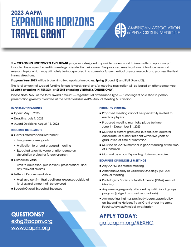 Daniel Alexander (@danalexanderphd) on Twitter photo Reminder: The 2023 Expanding Horizons Travel Grant Round 2 is open! The application deadline is July 1, and conferences from Jun 1-Dec 31 are eligible. #medphys
<a href="/aapmHQ/">American Association of Physicists in Medicine</a>
<a href="/aapmWGSTR/">AAPM WGSTR</a> Reminder: The 2023 Expanding Horizons Travel Grant Round 2 is open! The application deadline is July 1, and conferences from Jun 1-Dec 31 are eligible. #medphys
<a href="/aapmHQ/">American Association of Physicists in Medicine</a>
<a href="/aapmWGSTR/">AAPM WGSTR</a>