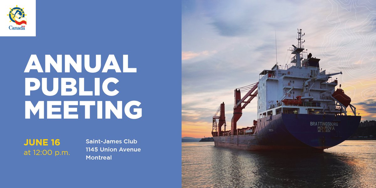lpa_apl's tweet photo. The Laurentian Pilotage Authority invites you to attend its Annual Public Meeting, which will be held on Friday, June 16 at 12:00 p.m., at the Saint James Club of Montreal.

✍️ Registration at administration@apl.gc.ca. Doors open at 11:30 a.m. Welcome to all! https://t.co/CSGStufNO1
