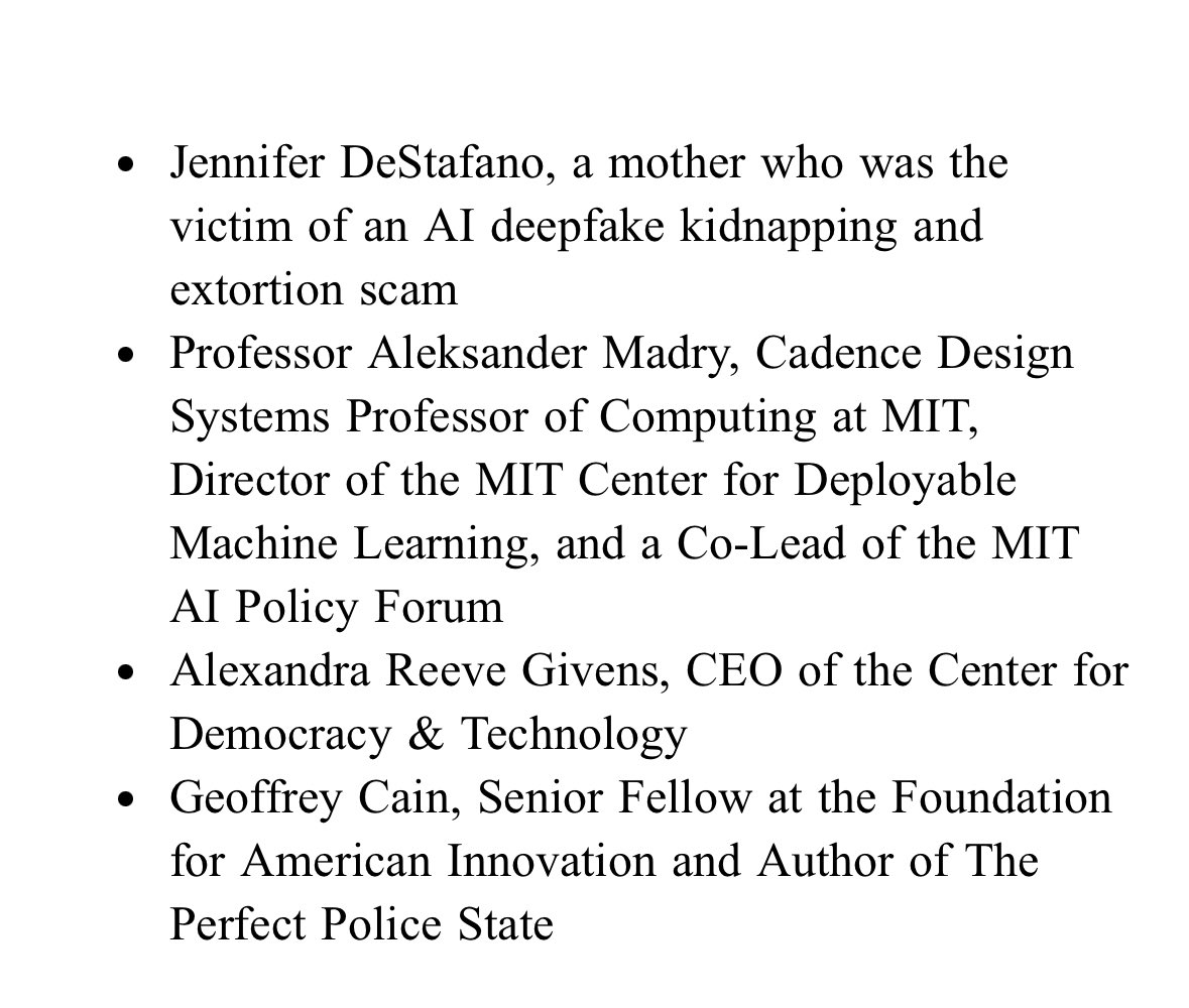 Witness list for Sen. Ossoff's hearing next week on human right & AI: