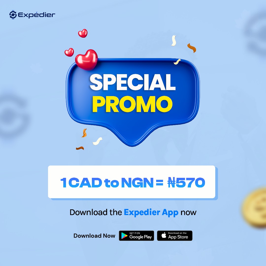 ExpedierHq's tweet photo. Unbeatable Special Promo Rate! ๐จ๐ฆ $1 = #570
Transact easily on the Expedier app today and experience the power to elevate your financial journey. Don't miss out on this limited-time offer.
Download the Expedier App now!
#PromoRate #UnbeatableRate #LimitedTimeOffer #Expedier https://t.co/OHFej18KIP
