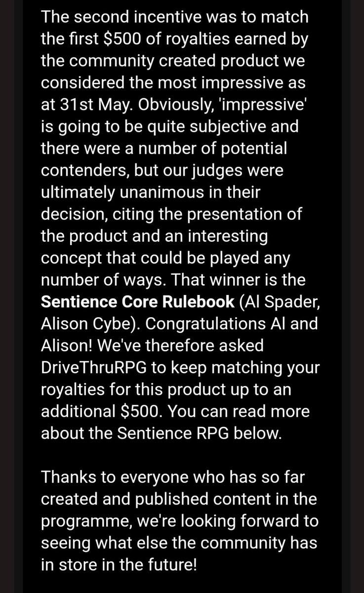 Hol cow. I'm a little in shock. Me and @AlisonCybe's #2d20 #worldbuilders game Sentience was recognized by @Modiphius! They're going to MATCH my first $500 in sales!