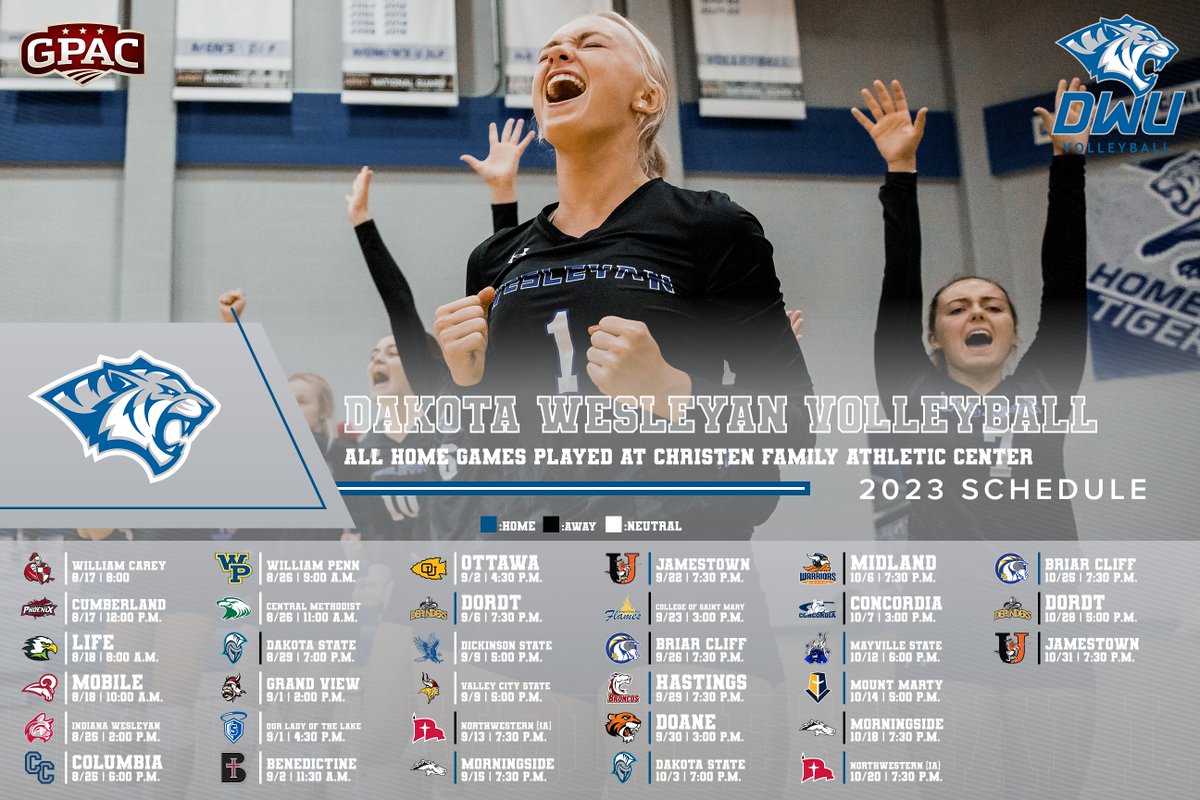 DWU Athletics (@dwusports) on Twitter photo 🐅 2023 TIGER VOLLEYBALL SCHEDULE 🐅
Get those calendars back out because the <a href="/DWUVolleyball/">DWU Volleyball</a> squad is locked in and ready for the 2023 season! The Tigers open their season with four games in Florida and four in Missouri. They start their home/GPAC schedule against Dordt, 9/6 at 🐅 2023 TIGER VOLLEYBALL SCHEDULE 🐅
Get those calendars back out because the <a href="/DWUVolleyball/">DWU Volleyball</a> squad is locked in and ready for the 2023 season! The Tigers open their season with four games in Florida and four in Missouri. They start their home/GPAC schedule against Dordt, 9/6 at