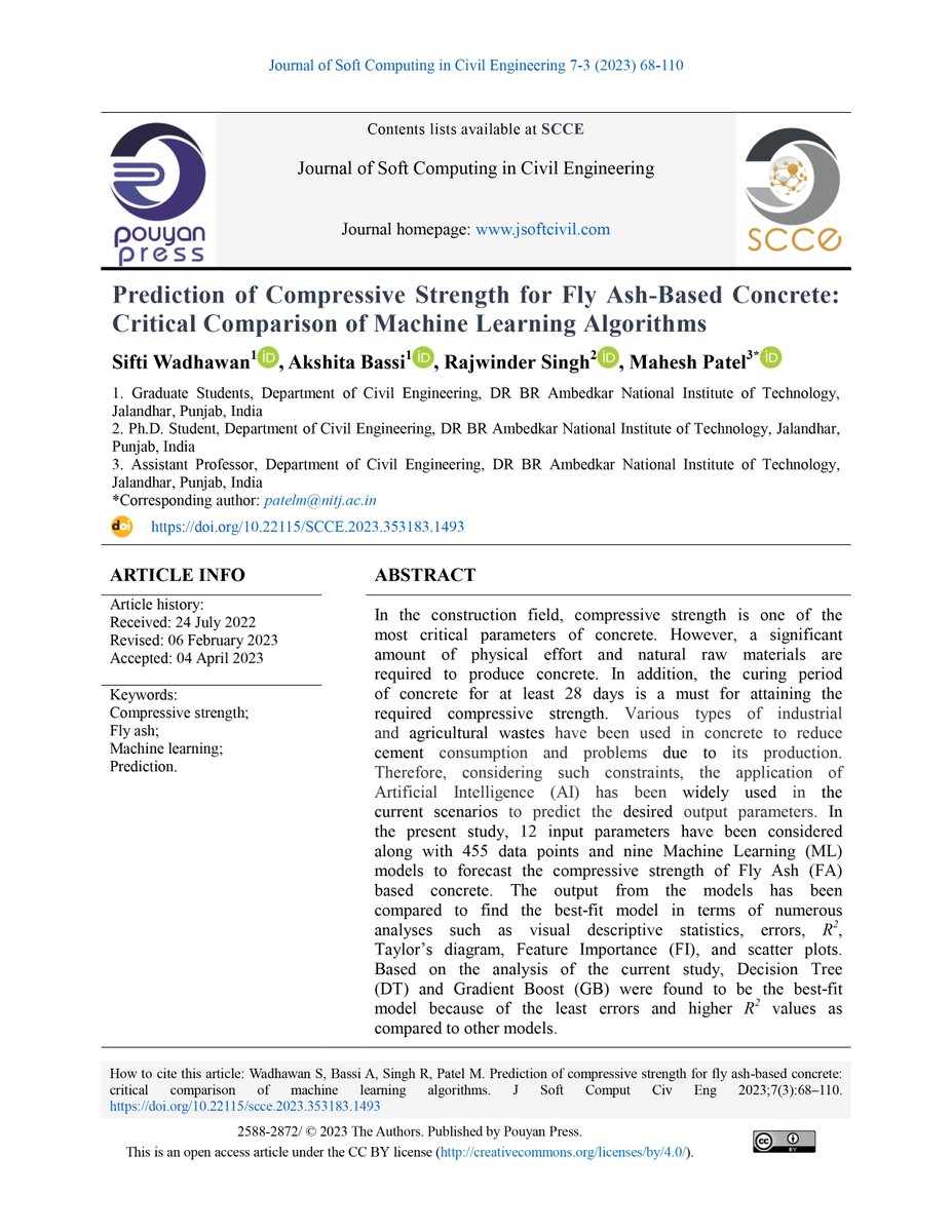 jsoftcivil's tweet image. Prediction of Compressive Strength for Fly Ash-Based Concrete: Critical Comparison of Machine Learning Algorithms

by Sifti Wadhawan; Akshita Bassi; Rajwinder Singh; Mahesh Patel
doi.org/10.22115/scce.…

#Compressive #strength #Fly #ash #Machinelearning #Prediction
#PouyanPress
