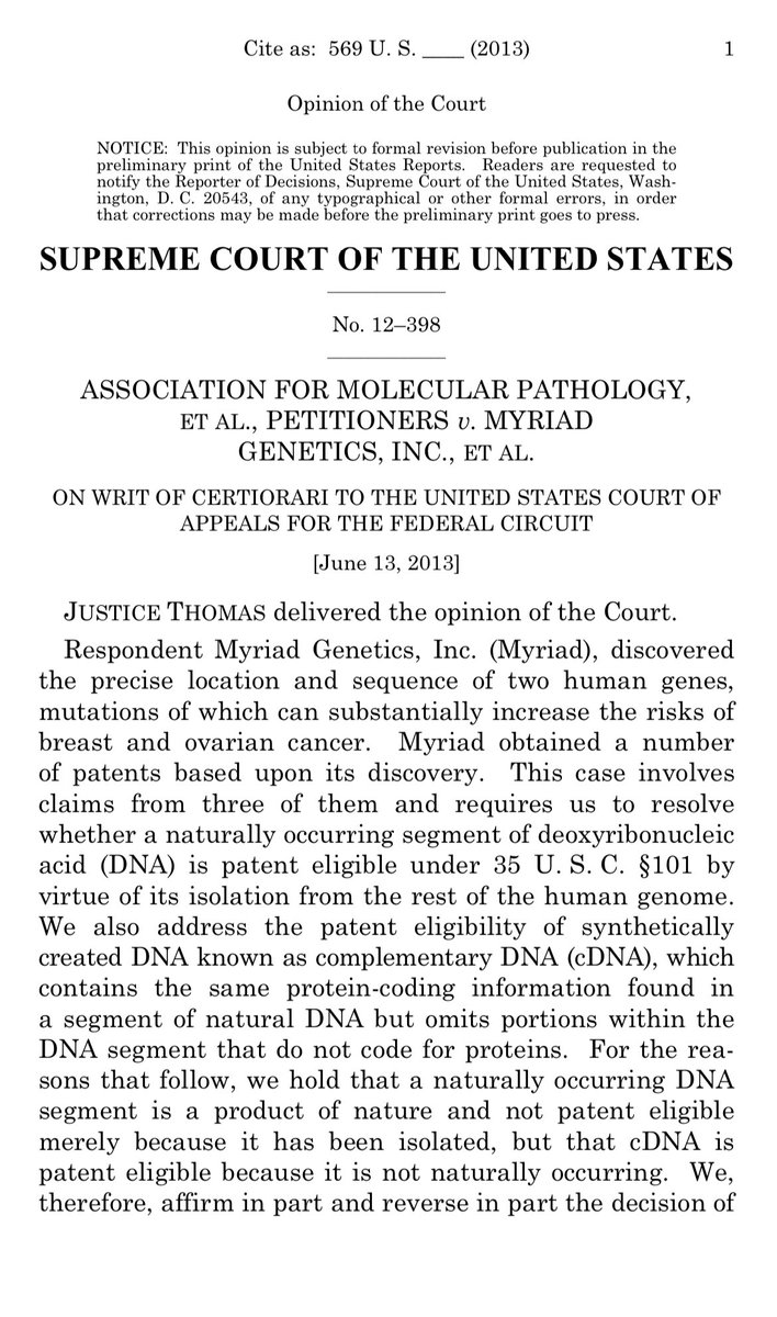 Master_Vader177's tweet image. Supreme Court Decision on mRNA(2013)