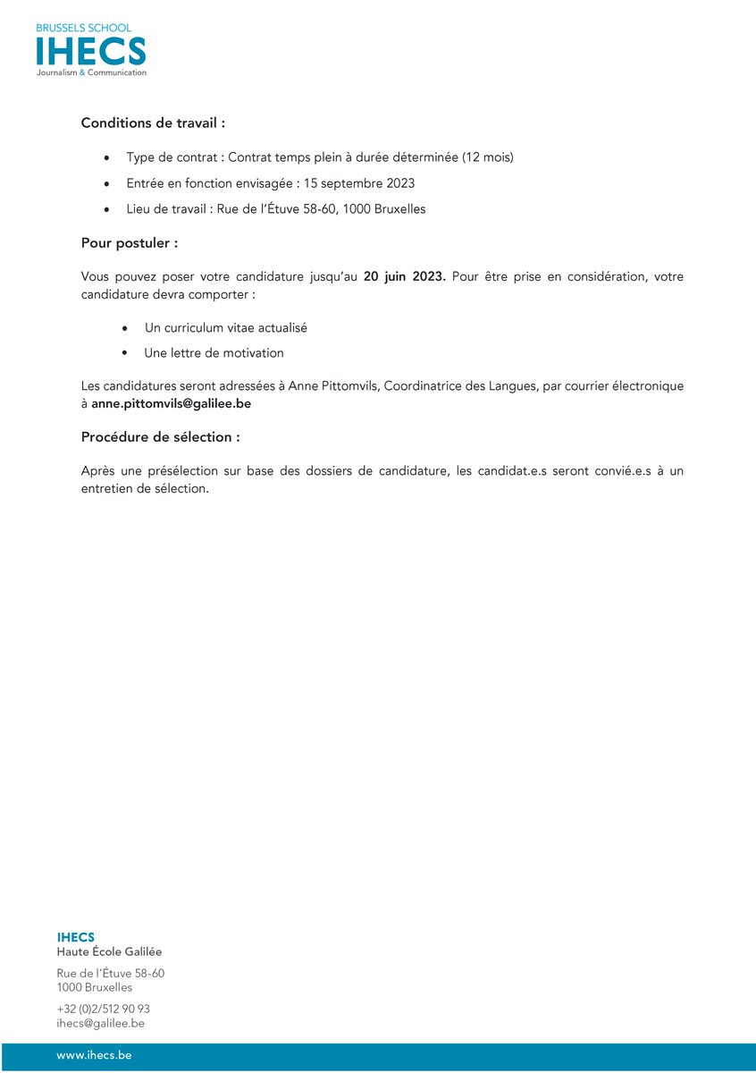ihecs's tweet photo. 📣 Recrutement 📣

le Département des langues à l’IHECS recrute des « maîtres assistant.e.s» en langues germaniques, anglais-néerlandais https://t.co/8pRxn2fkTd