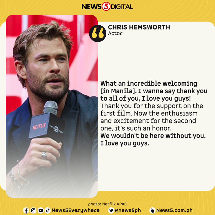 News5PH's tweet photo. 'THANK YOU MANILA AND ALL THE FANS.'
Ito ang mensahe ni #Extraction2 star Chris Hemsworth kasunod ng mainit na pagsalubong sa kaniya ng Pinoy fans sa naganap na fan event at global kick-off ng #Extraction tour sa SM Mall of Asia. #Extraction2PH #News5 https://t.co/WGZINeid6t