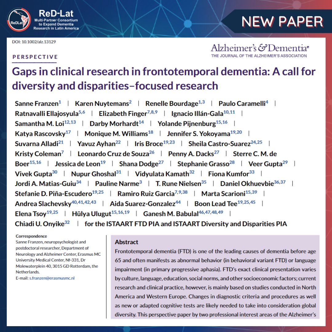 ReDLat_Dementia's tweet photo. 📌Frontotemporal dementia #FTD is a leading cause of dementia before age 65.
This paper examines how global diversity affects FTD diagnosis, treatment, and care, providing recommendations for research and clinical practice 👉 https://t.co/wdz1NzW9rJ https://t.co/wImDZX8tEl