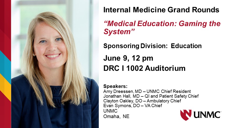Join us for Grand Rounds today at noon CST with @UNMCIMResidency! Learn from our chief residents Drs. Amy Dreessen, Jon Hall, Clayton Oakley and Evan Symons. In person or via Zoom; get more details at unmc.edu/intmed/about/g…