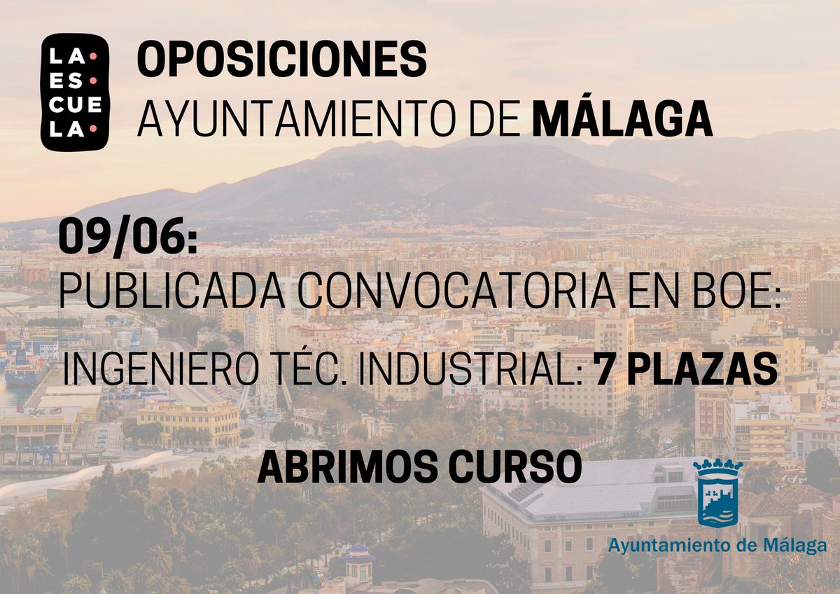 Convocadas 7 plazas Ingeniero Téc. Industrial #AytoMalaga. Plazo: 12/06-07/07.
Abrimos #curso a través de #AulaVirtual
+ info: bit.ly/43tbhgM
#oposiciones #temarios #test #ofertaempleo #malaga #industrial