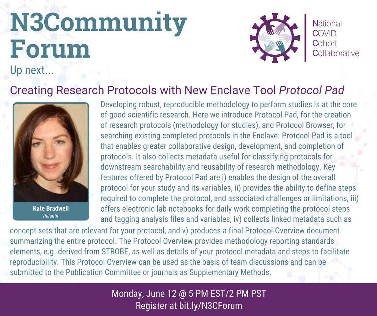 data2health's tweet photo. Join the #N3CommunityForum to learn about "Creating Research Protocols with New Enclave Tool Protocol Pad" with Katie Bradwell on Monday, June 12 at 2 pm PT.
Register for the #webinar at https://t.co/2hVP1yW3nO
#DataSharing #N3C #CD2H #COVID #Data https://t.co/v24oh93mnx