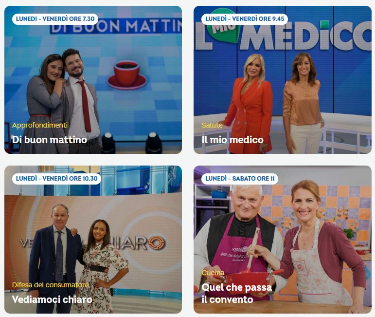 #Tv2000 al mattino
<a href="/dibuonmattino/">Di Buon Mattino</a> <a href="/medicotv2000/">Il mio medico</a> <a href="/vediamocitv2000/">Vediamoci Chiaro</a> Quel che passa il convento