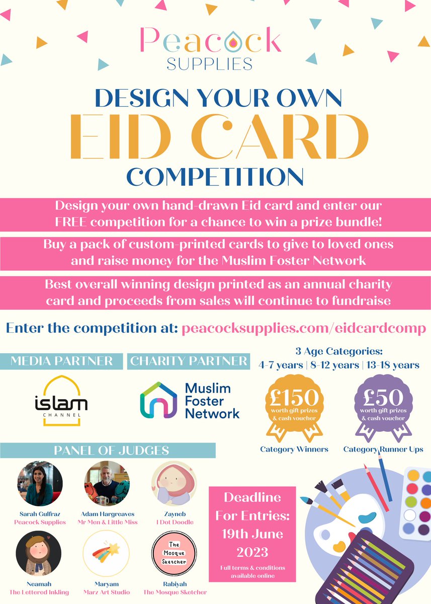 #PeacockSupplies have launched a charity #Eid  card competition, open to British schoolchildren up to
18 years. Designs will be judged by a panel including leading Muslim illustrators and Adam Hargreaves, renowned author and illustrator of the Mr Men and Little Miss books.