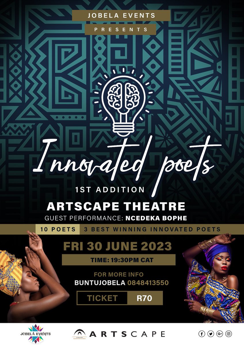 ArtscapeTheatre's tweet photo. Jobela Events  Brings 15 poets to Artscape’s Innovation Lounge for the INNOVATED POETS (1st Addition) Poetry Competition. Witness the talented and Innovative poets on the 30th of June 2023 at 19:00.

Only 100 Limited seats!!!

Tickets: 0848413550 or Visit the Delft Theatre https://t.co/RpQnqtS2rg