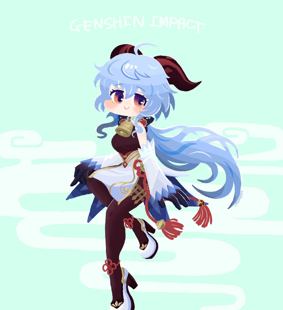 ganyu (genshin impact) 1girl horns solo blue hair long hair bell smile  illustration images