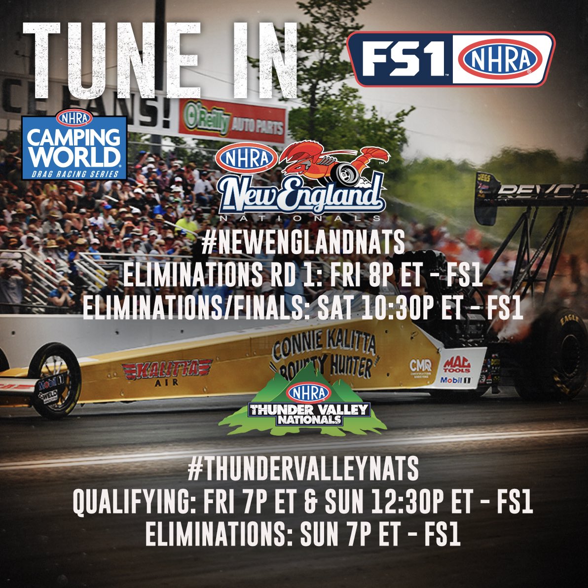 Two races in one? Let’s do it! 
Tune in for eliminations from the #NewEnglandNats and full race coverage of the #ThunderValleyNats on #NHRAonFOX