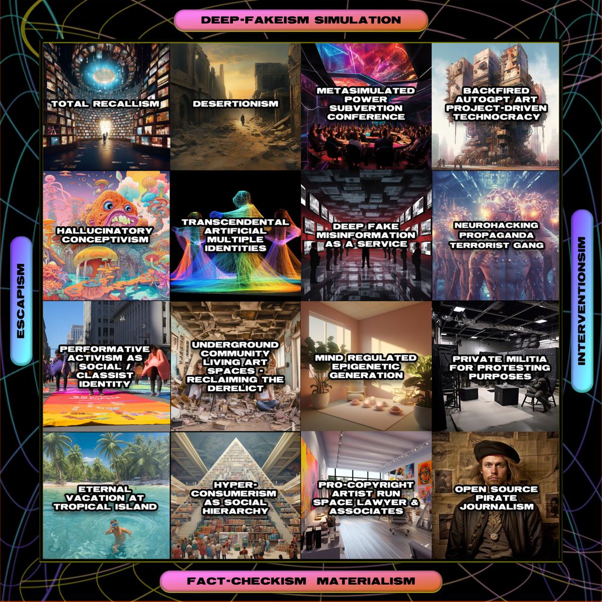 From "Deep Fake Misinformation" to "Hallucinatory Conceptivism": here is a gallery of utopian and dystopian futures we visualized together with the participants of our #HYPECOMPASS workshop ✨   

Thanks to <a href="/disruptberlin/">Disruption Network Lab</a> and @acudmachtneu for making this happen!