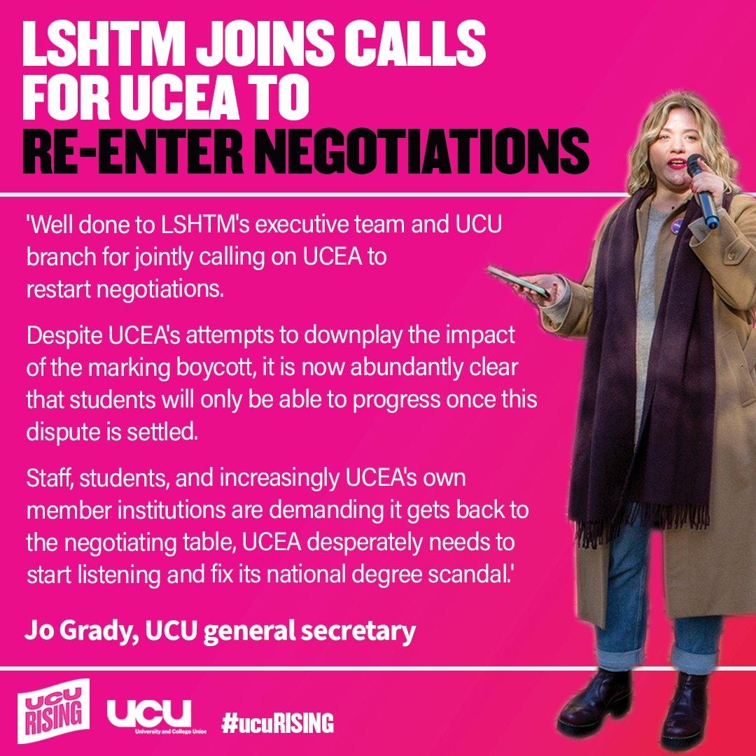 🚨NEW: Yet another university calls for @UCEA1 to restart negotiations Well done to @lshtmUCU & @LSHTM 👏👏 Staff, students and more and more bosses are demanding @UCEA1 gets back to the table Time for UCEA to wake up⏰ Full statement: lshtm.ac.uk/aboutus/organi… #ucuRISING