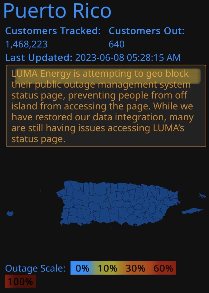 This week 100k+ clients lost power during record-breaking temps in Puerto Rico.

We could see this info on a public page that reports outages in the U.S.

PR was often in the top 5 with most clients w/o power.

So the U.S.-Canadian company now in charge started blocking the data.