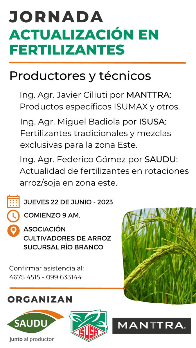 ISUSA_Uruguay's tweet photo. ᴊᴏʀɴᴀᴅᴀ ᴛéᴄɴɪᴄᴀ
ᴀᴄᴛᴜᴀʟɪᴢᴀᴄɪóɴ ᴅᴇ ғᴇʀᴛɪʟɪᴢᴀɴᴛᴇs
Los esperamos este jueves 22 de junio en el local de A.C.A en Río Branco.
Para confirmar asistencia: 4675 4515
099633144
#Saudu #Manttra #Isusa https://t.co/xlmBmPlIDG