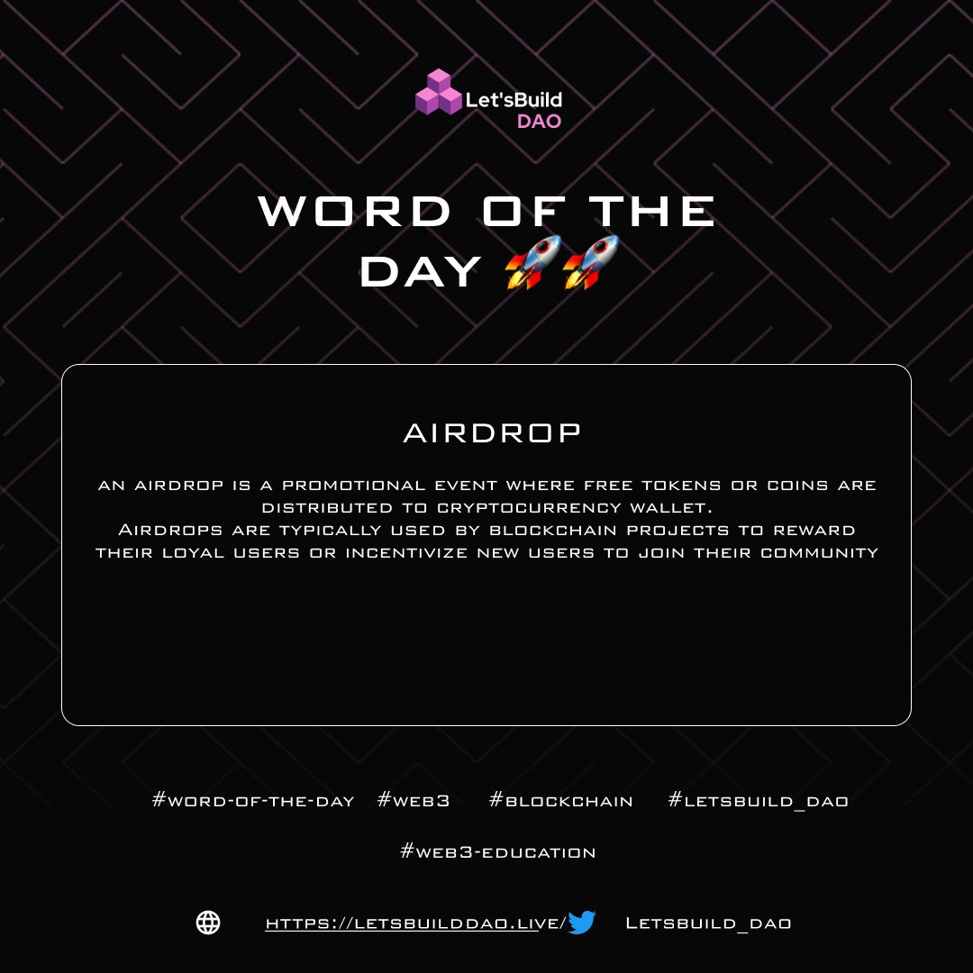 Another day to flip through the web3 dictionary🧩

Our Word for the day is 'Airdrop'...✍🏽 ..

Learn more about Defi, blockchain technology and web3 with Let'sBuildDAO

#Airdrop #Web3 #Web3Gaming #WordOfTheDay #tech