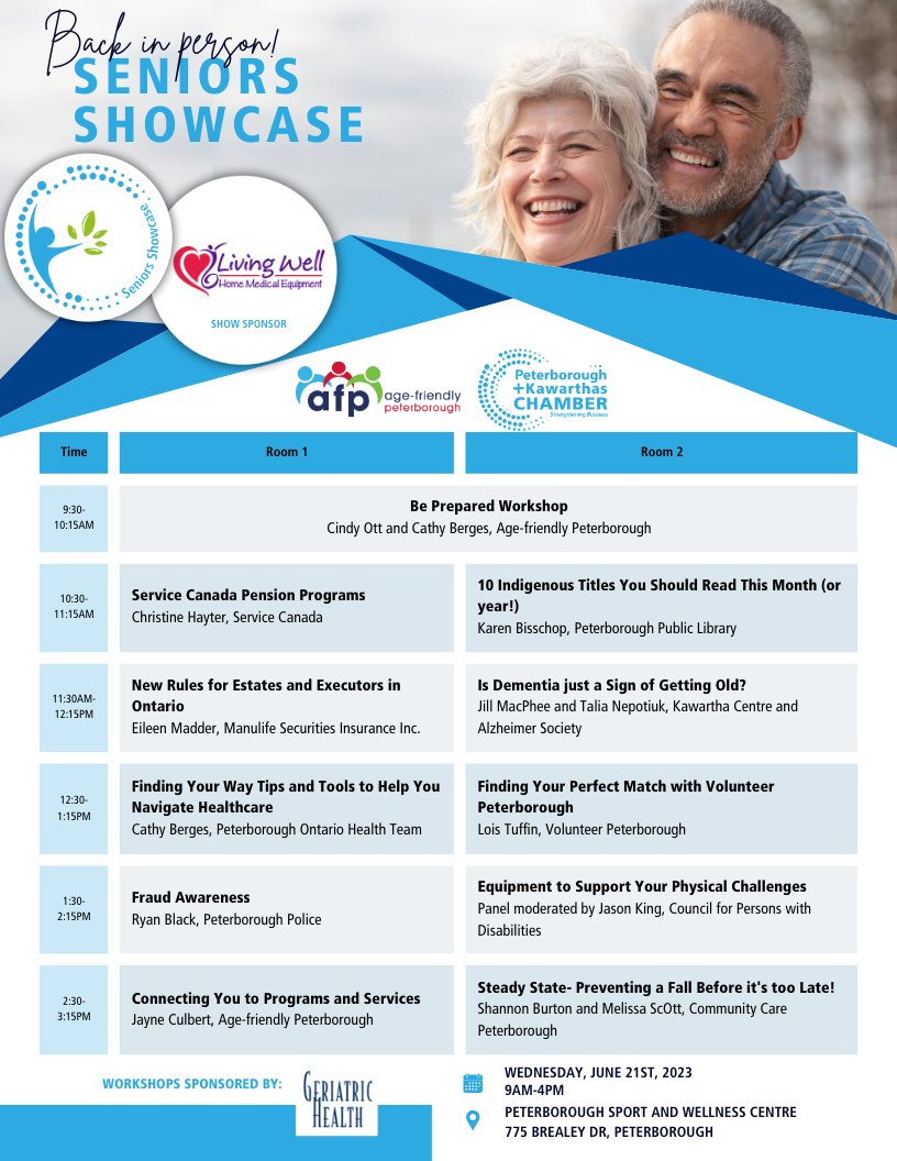 Great workshops at the Seniors Showcase this year!

<a href="/CommCarePtbo/">Community Care Peterborough</a> <a href="/CityPtbo/">City of Peterborough</a> @PtboCounty <a href="/Kawartha_Centre/">Kawartha Centre</a> <a href="/AlzheimerPKLNH/">Alzheimer Society PKLNH</a> <a href="/PeterboroughOHT/">Peterborough Ontario Health Team</a> <a href="/PtboPolice/">Peterborough Police</a> <a href="/PTBOCPD/">The Council for Persons with Disabilities (CPD)</a>