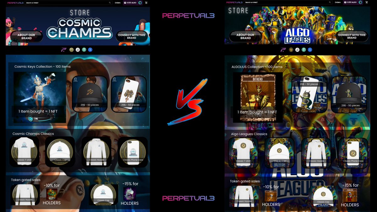 ⚔️ NFT STORE BATTLE ⚔️

🎁 5 <a href="/CosmicChamps/">Cosmic Champs</a> &amp; 5 <a href="/AlgoLeagues/">AlgoLeagues.Algo</a> to win🎁

Hey #Algofam we imagined what 2 great gaming projects stores could look like on <a href="/PerpetualWeb3/">Perpetual3 | e-commerce for Web3 culture</a> 👀

❤️+ RT 
🗣 Tell us what your favorite store is in the comments 

And get a chance to win great #NFTs from both